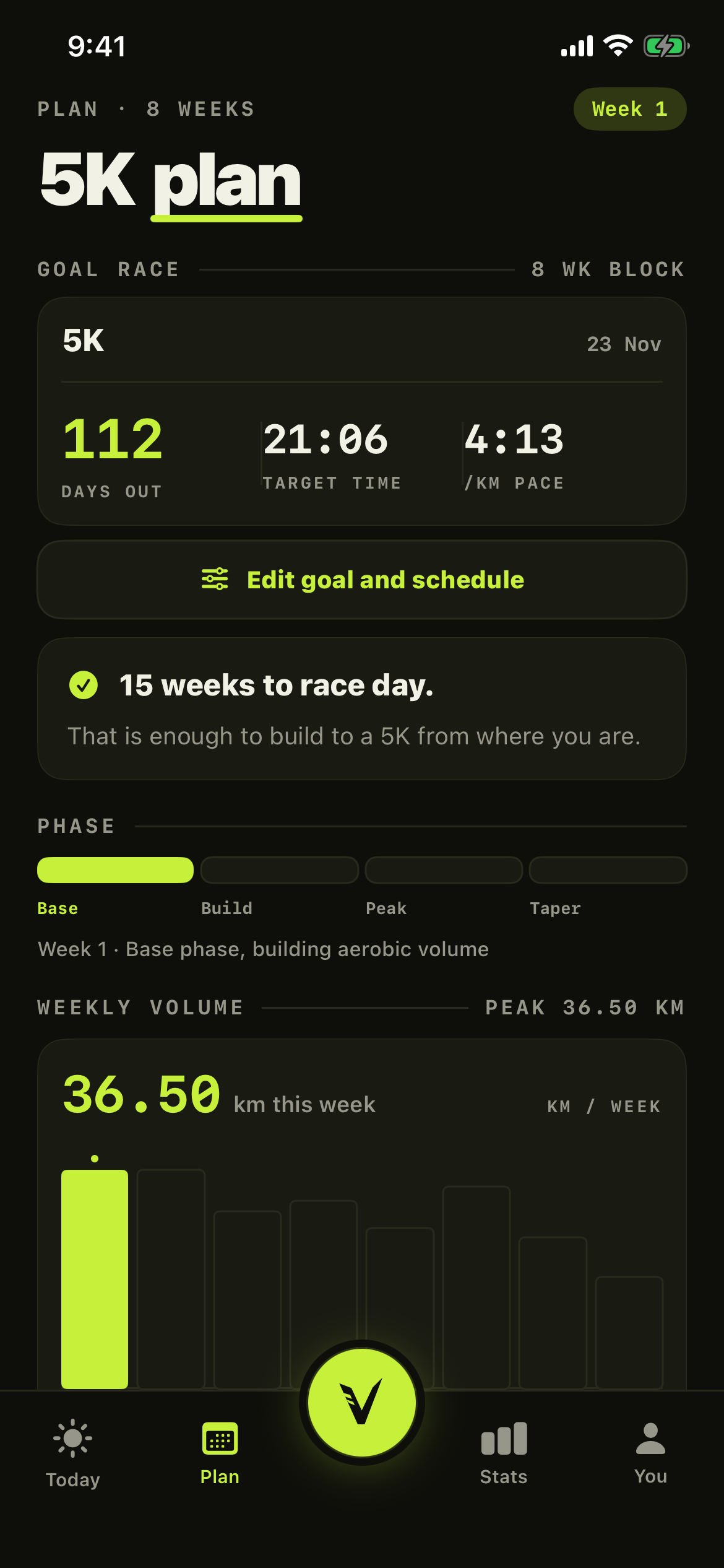 Runvel plan showing an eight-week 5K goal block
