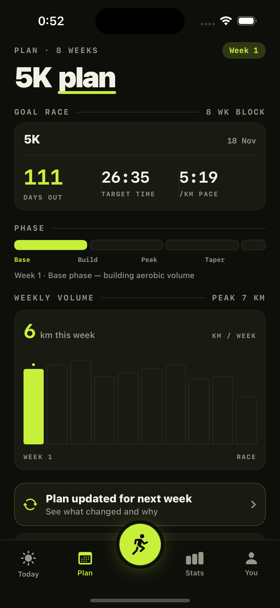 Runvel's Plan screen showing the goal race, training phase, and weekly volume across the block.
