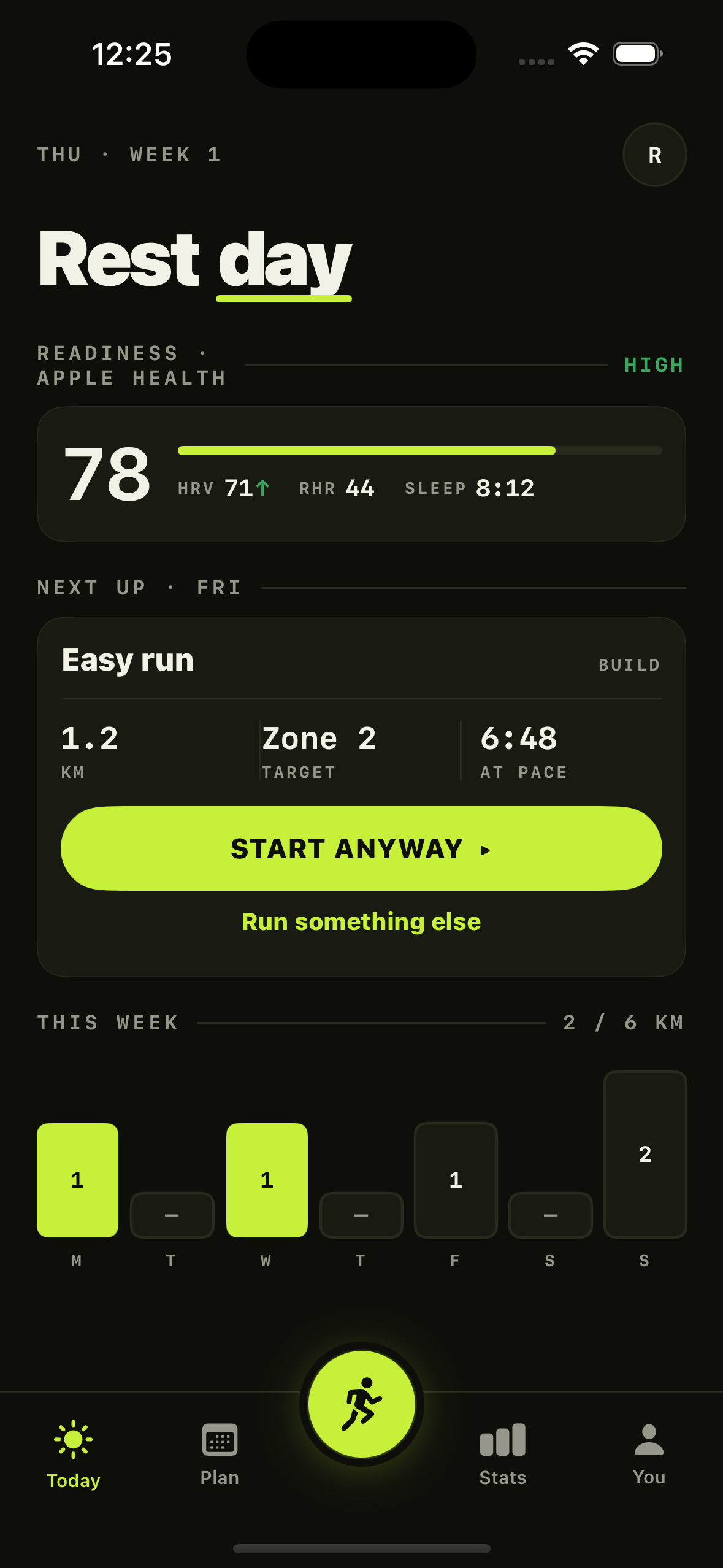 Runvel's Today screen showing readiness, the next session, and this week's volume.