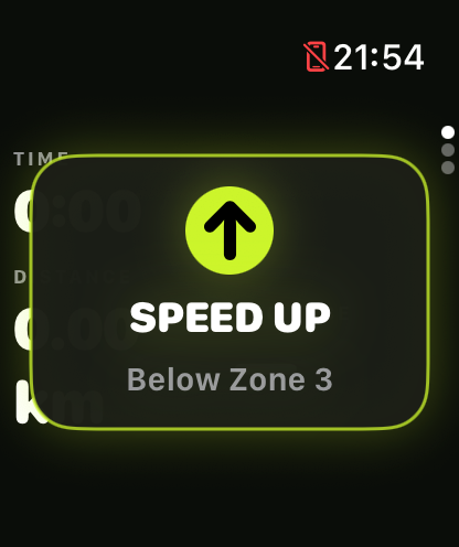 Runvel Apple Watch coaching card asking the runner to speed up toward Zone 3.