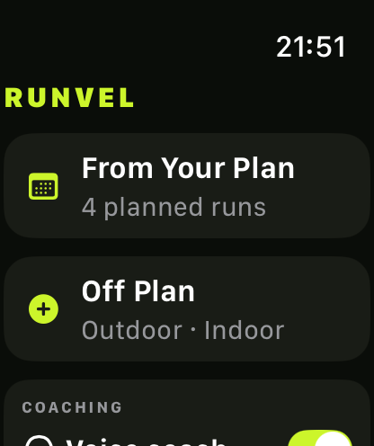 Runvel on Apple Watch offering planned and off-plan runs.