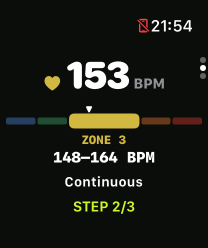 Runvel showing 153 beats per minute in heart-rate Zone 3 during a run.