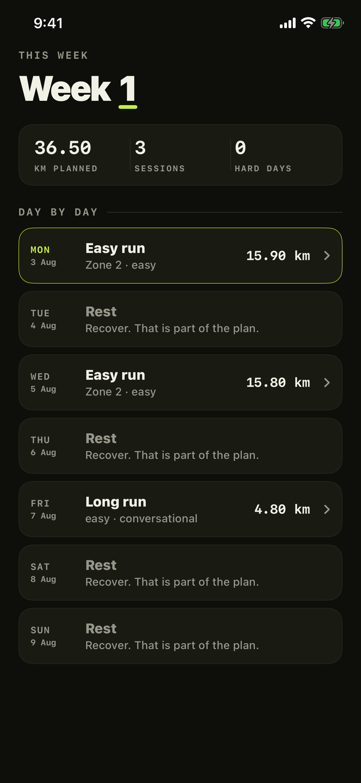 Runvel's week detail showing every session day by day with its distance and zone.