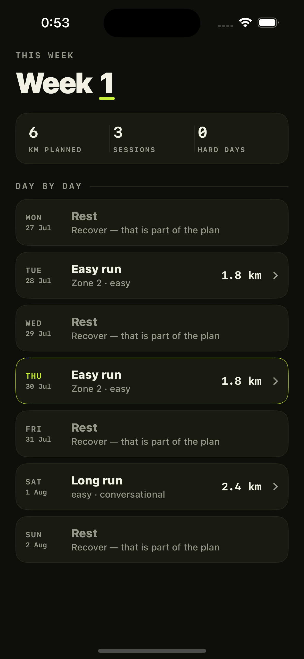 Runvel's week detail showing every session day by day with its distance and zone.